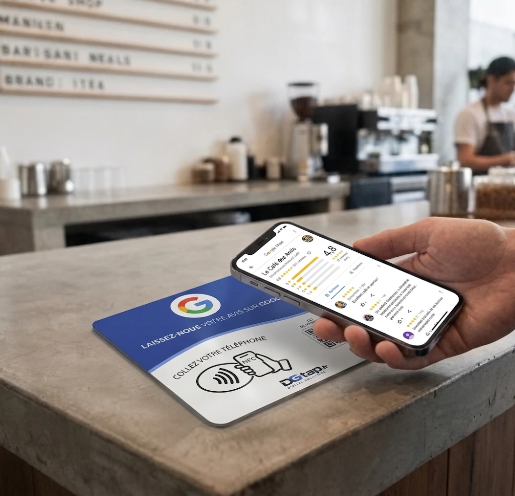 Un client approche son téléphone de la plaque NFC DGTap posée sur le comptoir d'un café